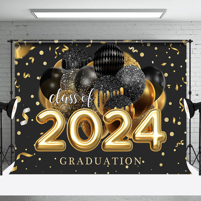 Aperturee - Black Gold Balloon Ribbon Class Of 2024 Grad Backdrop