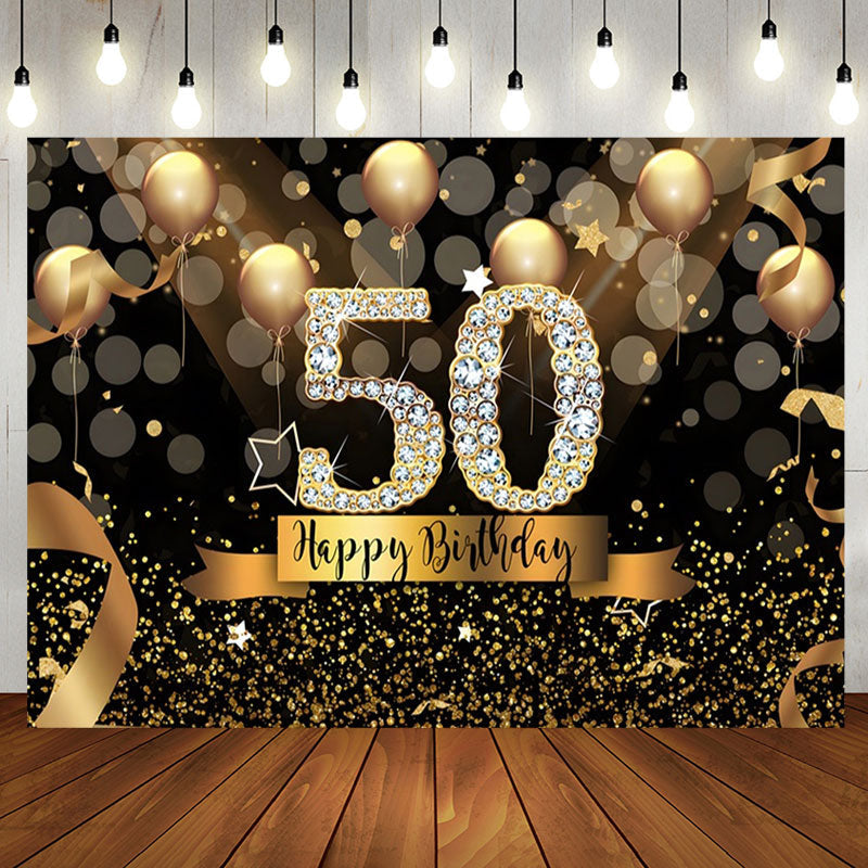 Aperturee - Black Gold Balloons Bokeh 50th Birthday Backdrop