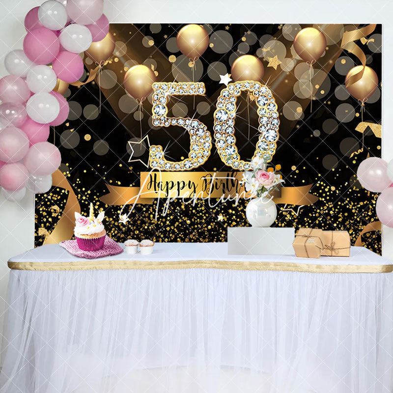 Aperturee - Black Gold Balloons Bokeh 50th Birthday Backdrop