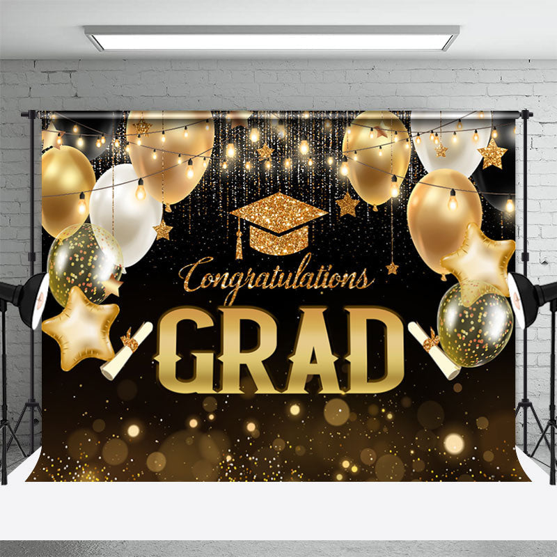 Aperturee - Black Gold Balloons Bokeh Congrats Grad Backdrop