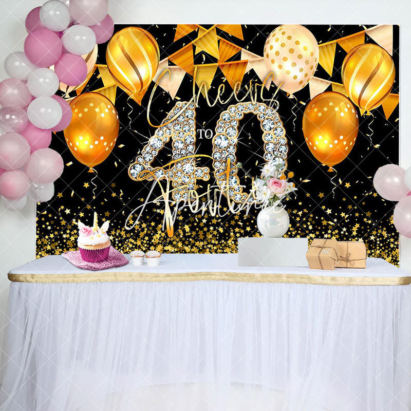 Aperturee - Black Gold Balloons Cheers 40th Birthday Backdrop