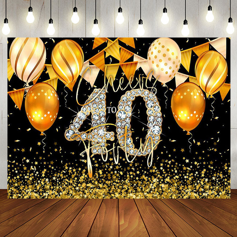 Aperturee - Black Gold Balloons Cheers 40th Birthday Backdrop