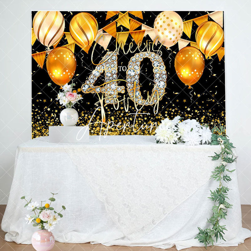 Aperturee - Black Gold Balloons Cheers 40th Birthday Backdrop