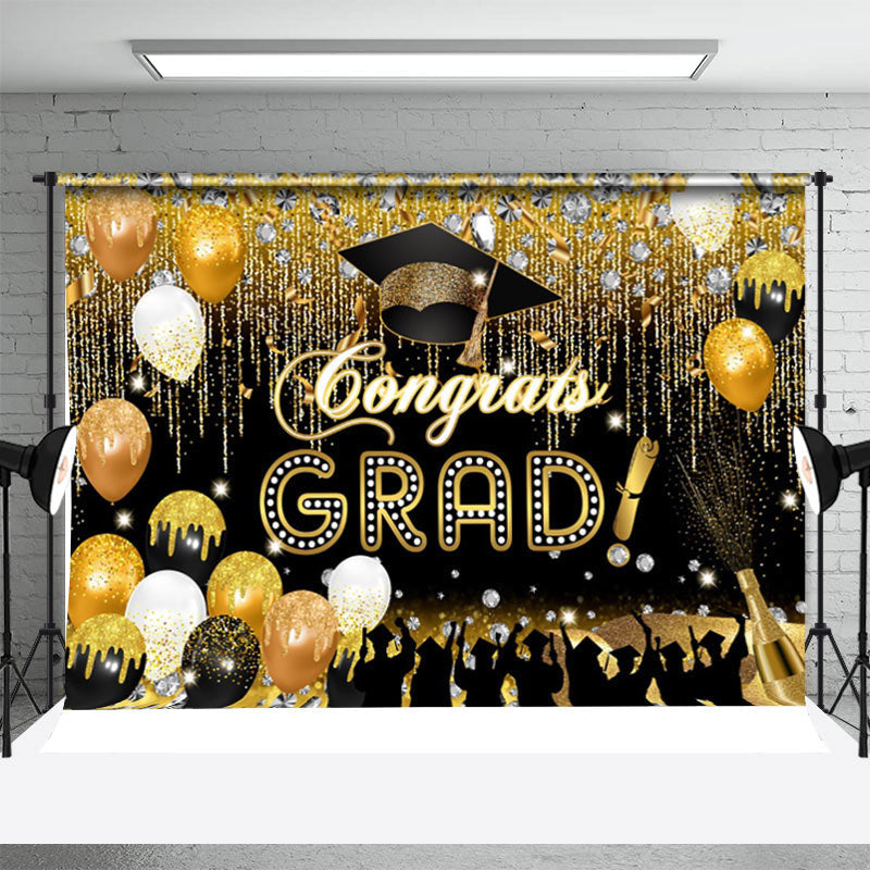 Aperturee - Black Gold Balloons Diamonds Graduation Backdrop