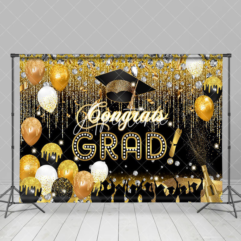 Aperturee - Black Gold Balloons Diamonds Graduation Backdrop