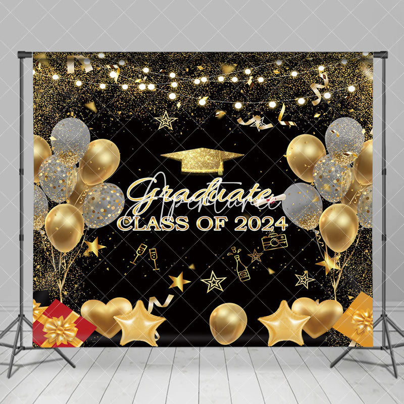 Aperturee - Black Gold Balloons Gifts Class 2024 Grad Backdrop