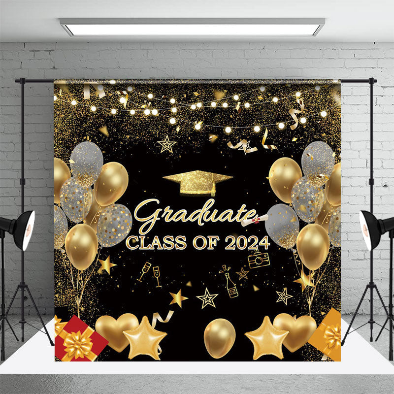 Aperturee - Black Gold Balloons Gifts Class 2024 Grad Backdrop