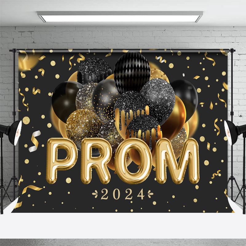 Aperturee - Black Gold Balloons Ribbons Prom Dance Backdrop