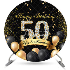 Aperturee - Black Gold Balloons Round 50th Birthday Backdrop