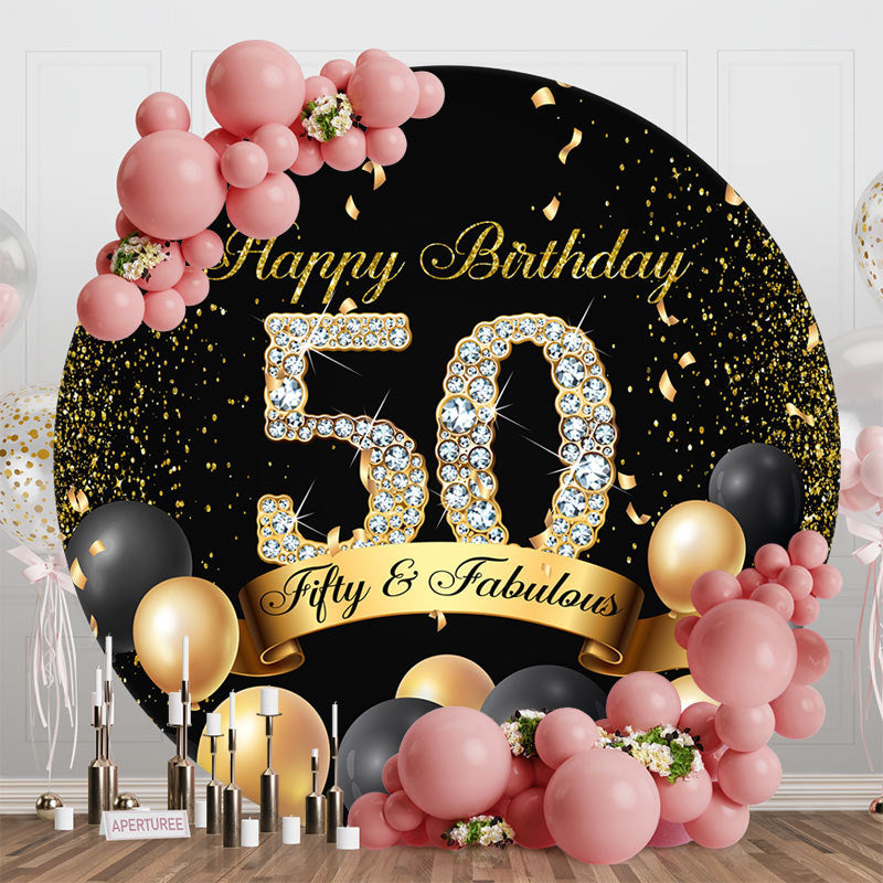 Aperturee - Black Gold Balloons Round 50th Birthday Backdrop