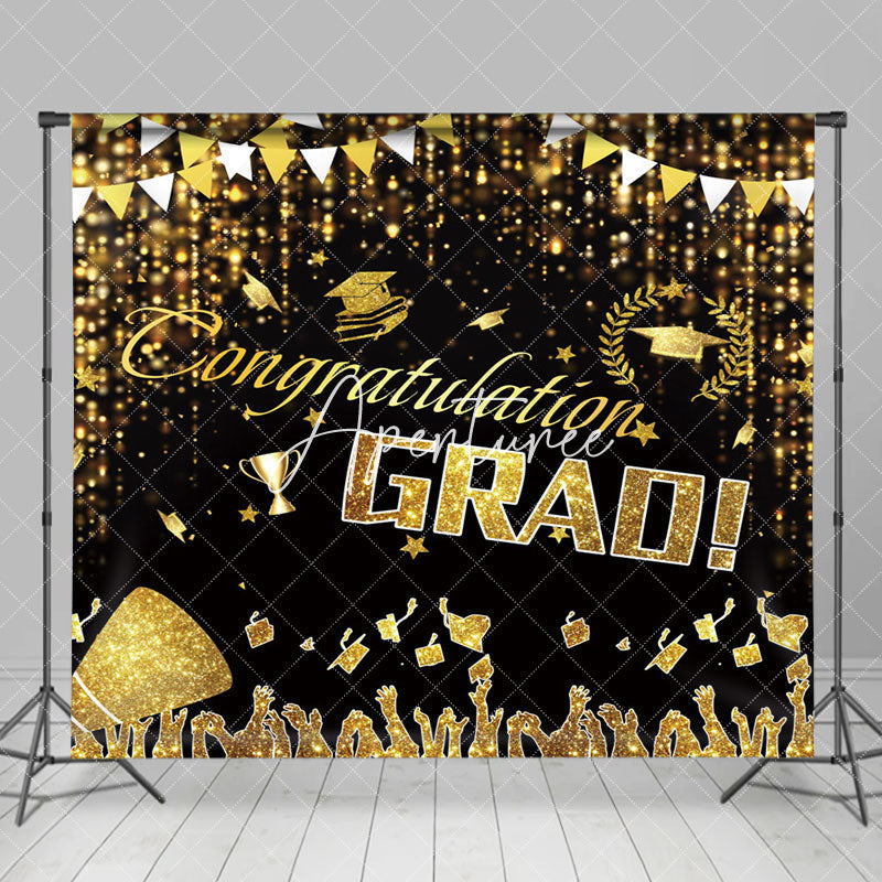 Aperturee - Black Gold Caps Congratulation Grad Party Backdrop