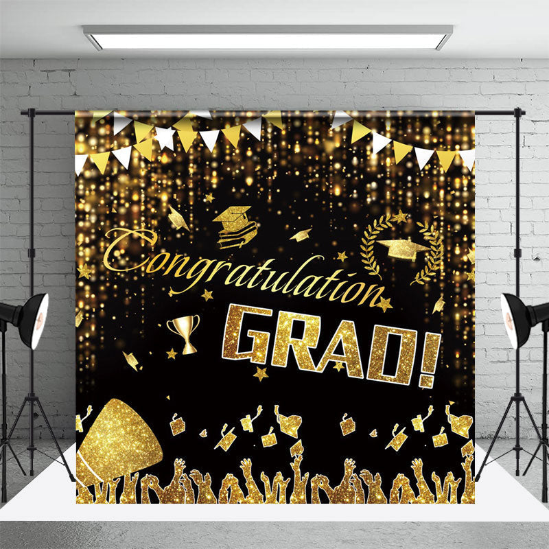 Aperturee - Black Gold Caps Congratulation Grad Party Backdrop