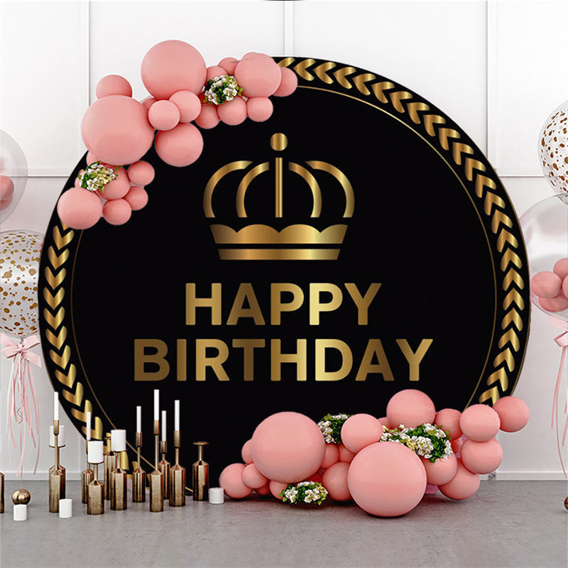 Aperturee Black Gold Crown Circle Happy Birthday Backdrop For Party