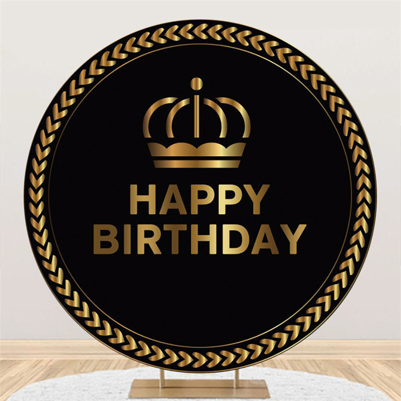 Aperturee Black Gold Crown Circle Happy Birthday Backdrop For Party