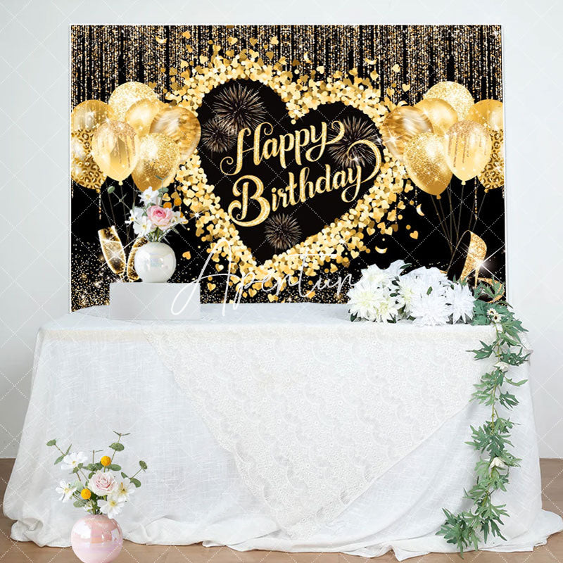 Aperturee - Black Gold Glitter Balloons Women Birthday Backdrop