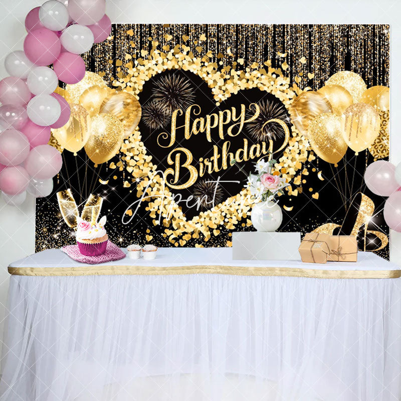 Aperturee - Black Gold Glitter Balloons Women Birthday Backdrop