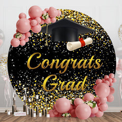 Aperturee - Black Gold Glitter Cap Circle Graduation Backdrop