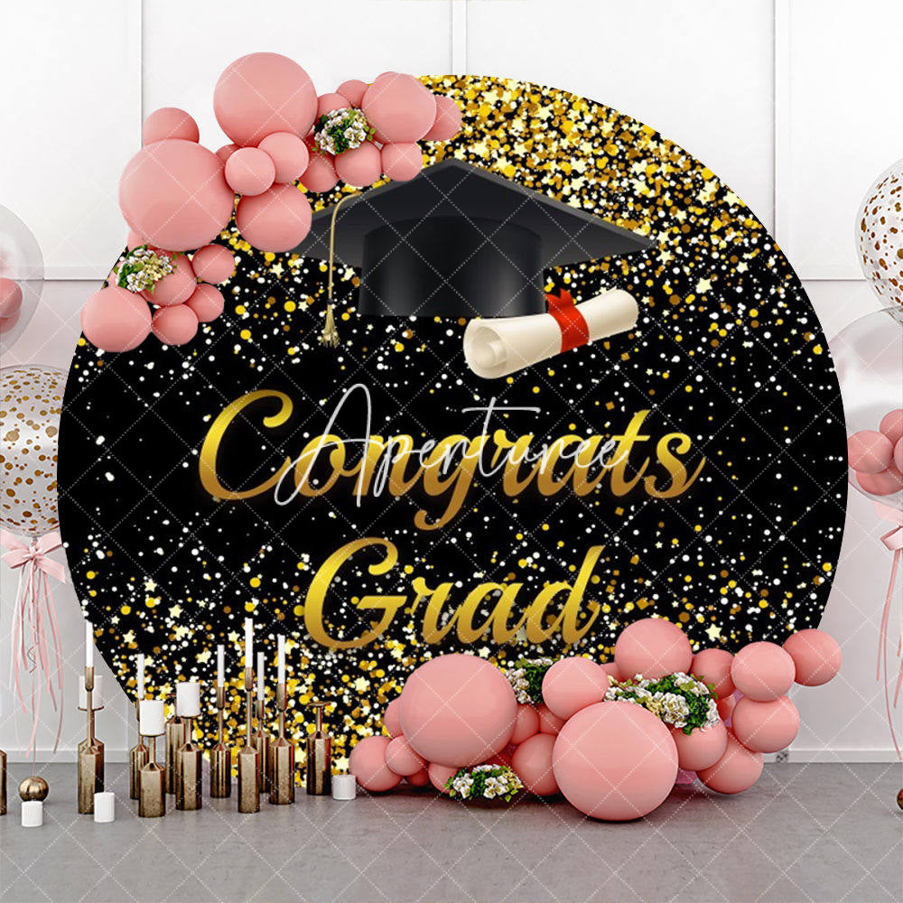 Aperturee - Black Gold Glitter Cap Circle Graduation Backdrop