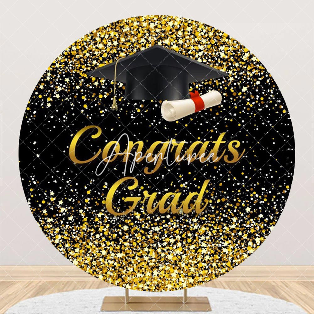 Aperturee - Black Gold Glitter Cap Circle Graduation Backdrop