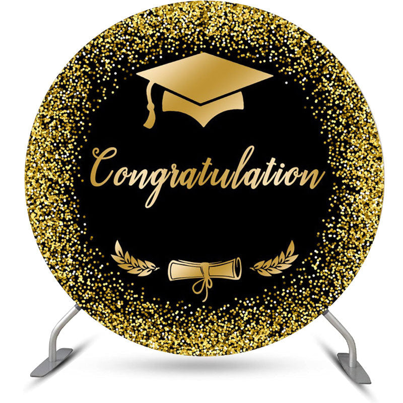 Aperturee - Black Gold Glitter Cap Round Graduation Backdrop