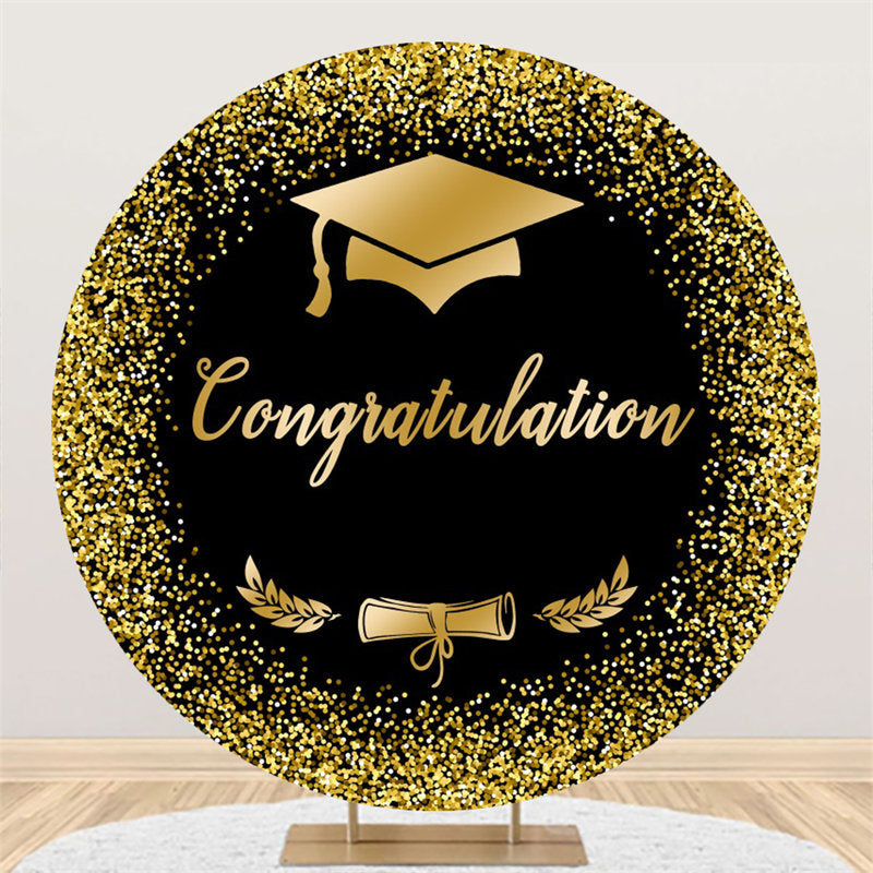 Aperturee - Black Gold Glitter Cap Round Graduation Backdrop