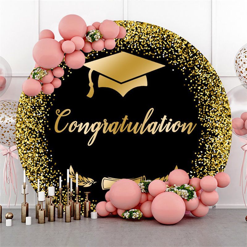 Aperturee - Black Gold Glitter Cap Round Graduation Backdrop