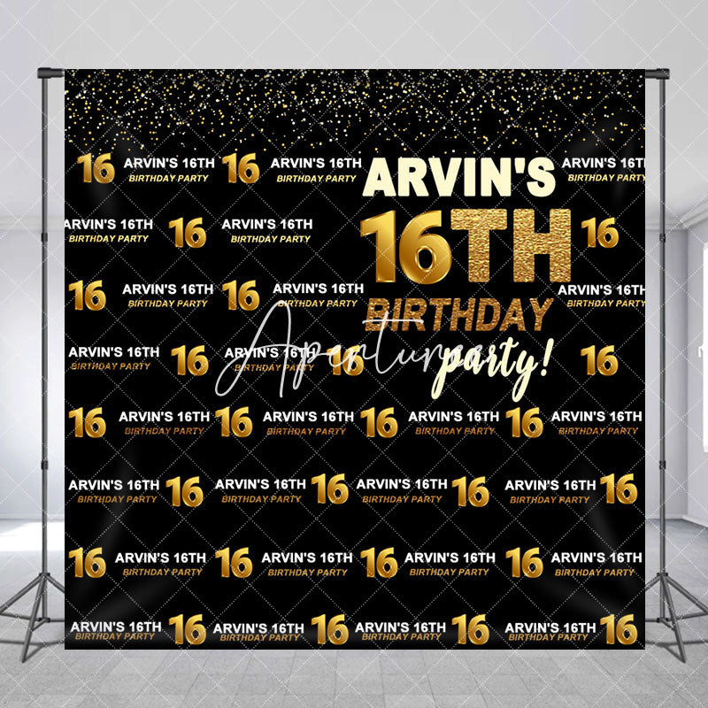 Aperturee - Black Gold Glitter Custom 16th Birthday Backdrop