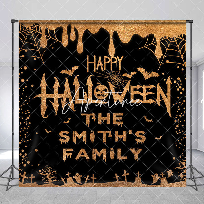 Aperturee - Black Gold Glitter Custom Happy Halloween Backdrop