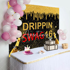 Aperturee - Black Gold Glitter Drippin Swag 16 Birthday Backdrop