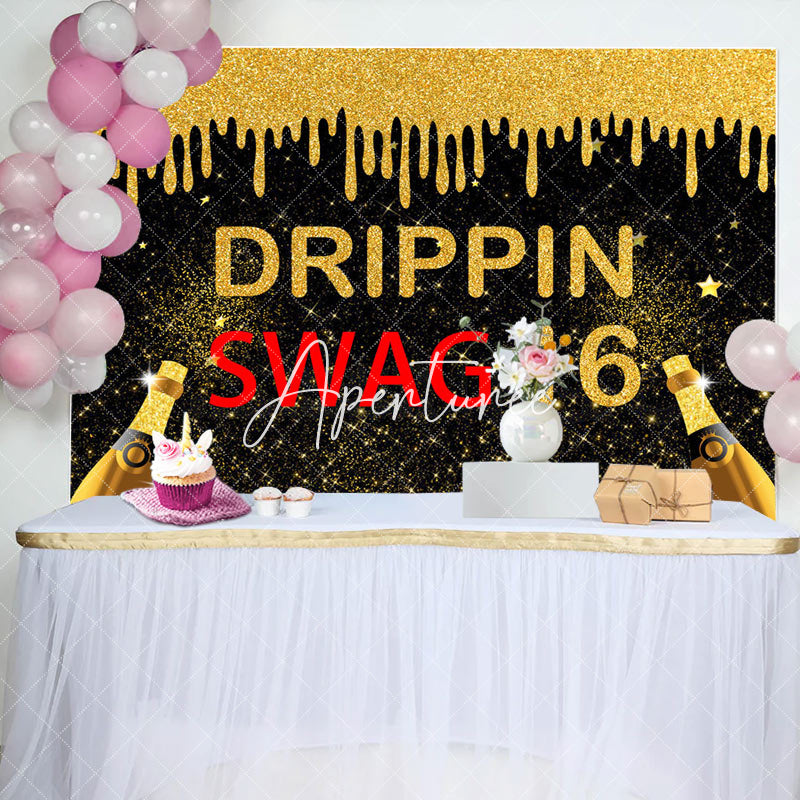 Aperturee - Black Gold Glitter Drippin Swag 16 Birthday Backdrop