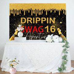 Aperturee - Black Gold Glitter Drippin Swag 16 Birthday Backdrop