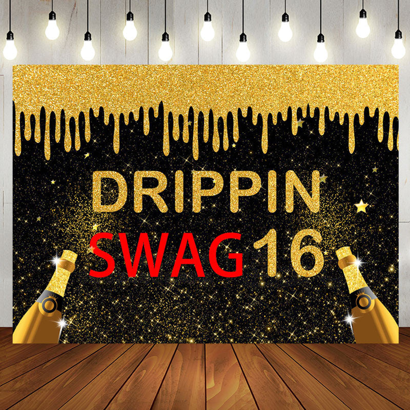 Aperturee - Black Gold Glitter Drippin Swag 16 Birthday Backdrop