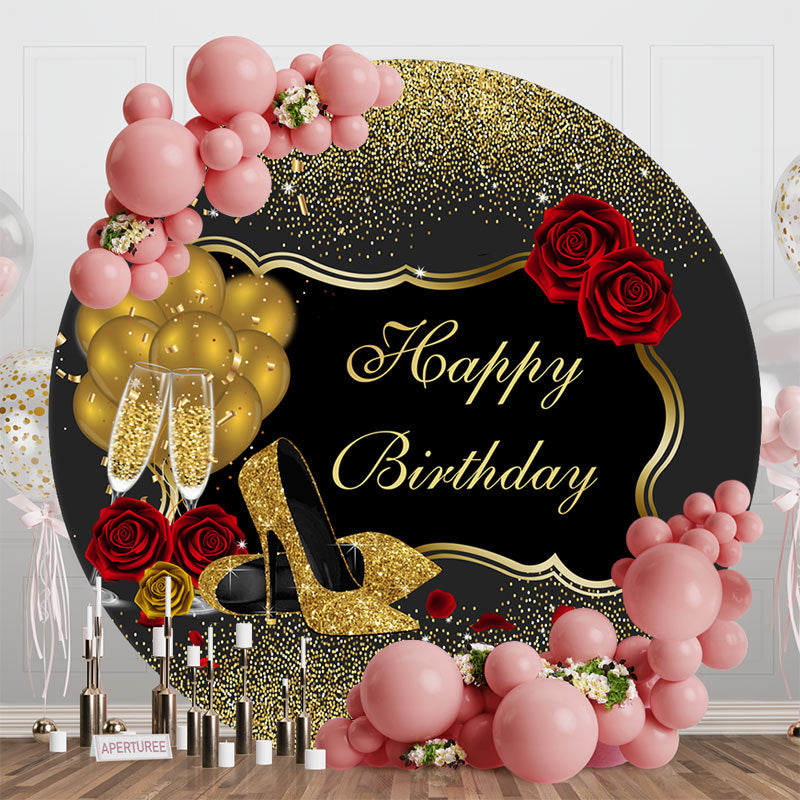 Aperturee - Black Gold Glitter High Heel Round Birthday Backdrop