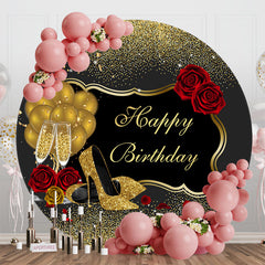 Aperturee - Black Gold Glitter High Heel Round Birthday Backdrop