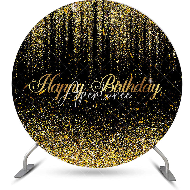 Aperturee - Black Gold Glitter Ribbons Round Birthday Backdrop