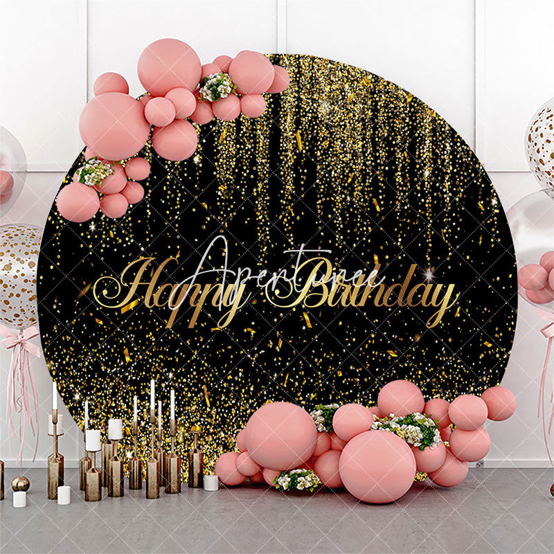 Aperturee - Black Gold Glitter Ribbons Round Birthday Backdrop