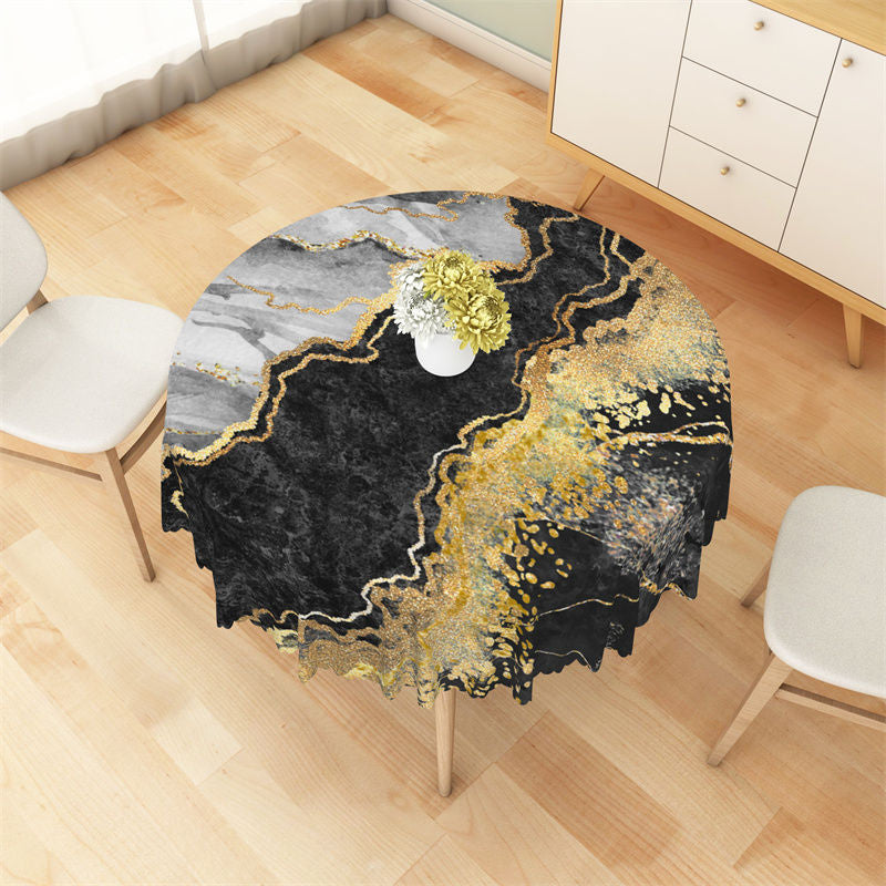 Aperturee - Black Gold Grey Marble Abstract Round Tablecloth