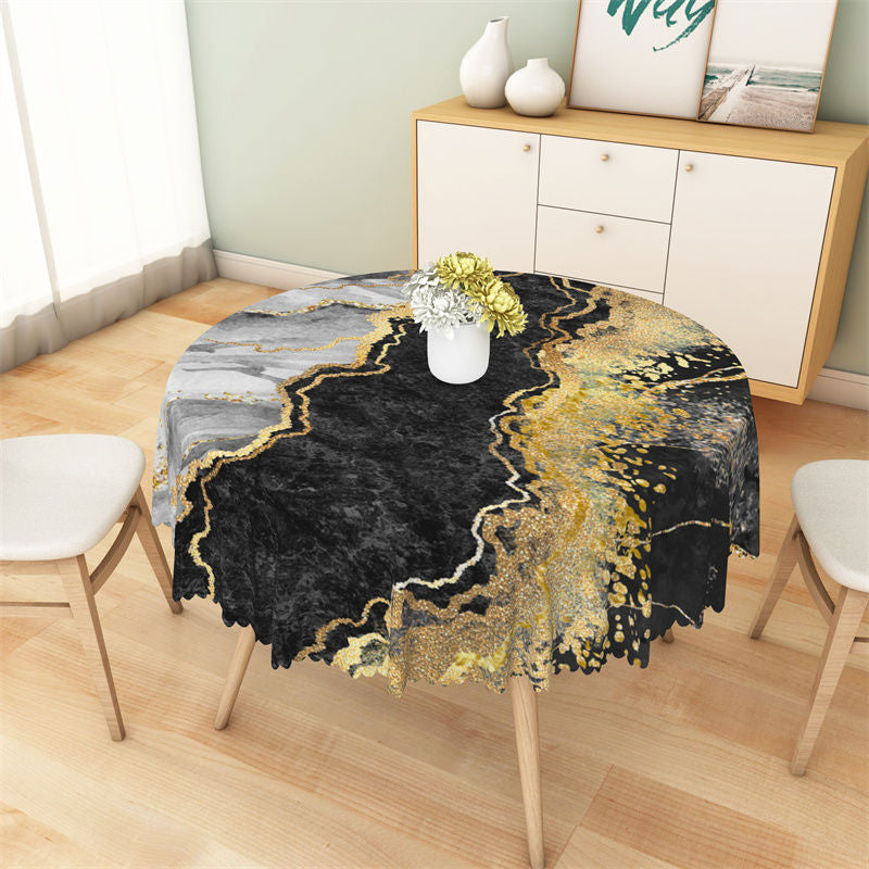 Aperturee - Black Gold Grey Marble Abstract Round Tablecloth