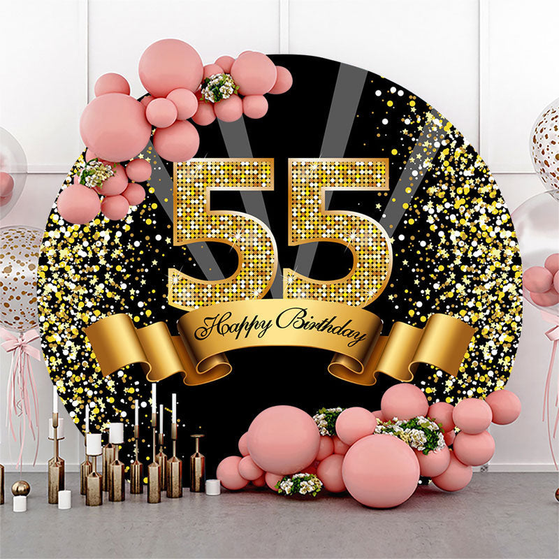 Aperturee Black Gold Happy 55th Birthday Glitter Ribbon Round Backdrops