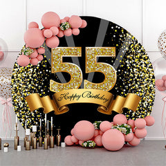 Aperturee Black Gold Happy 55th Birthday Glitter Ribbon Round Backdrops