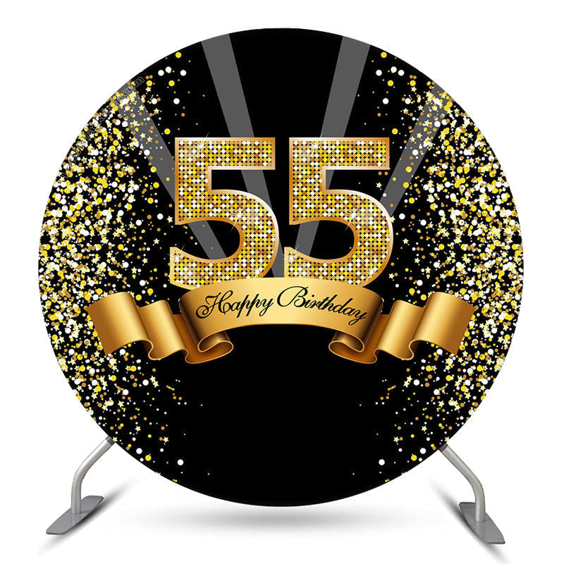 Aperturee Black Gold Happy 55th Birthday Glitter Ribbon Round Backdrops