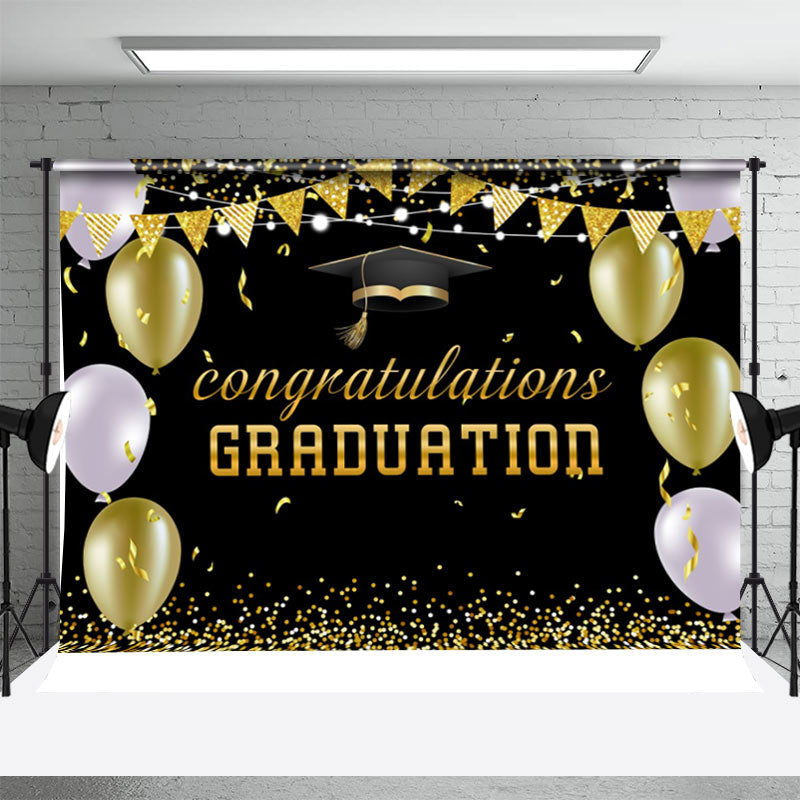 Aperturee - Black Gold Purple Balloon Ribbon Graduation Backdrop