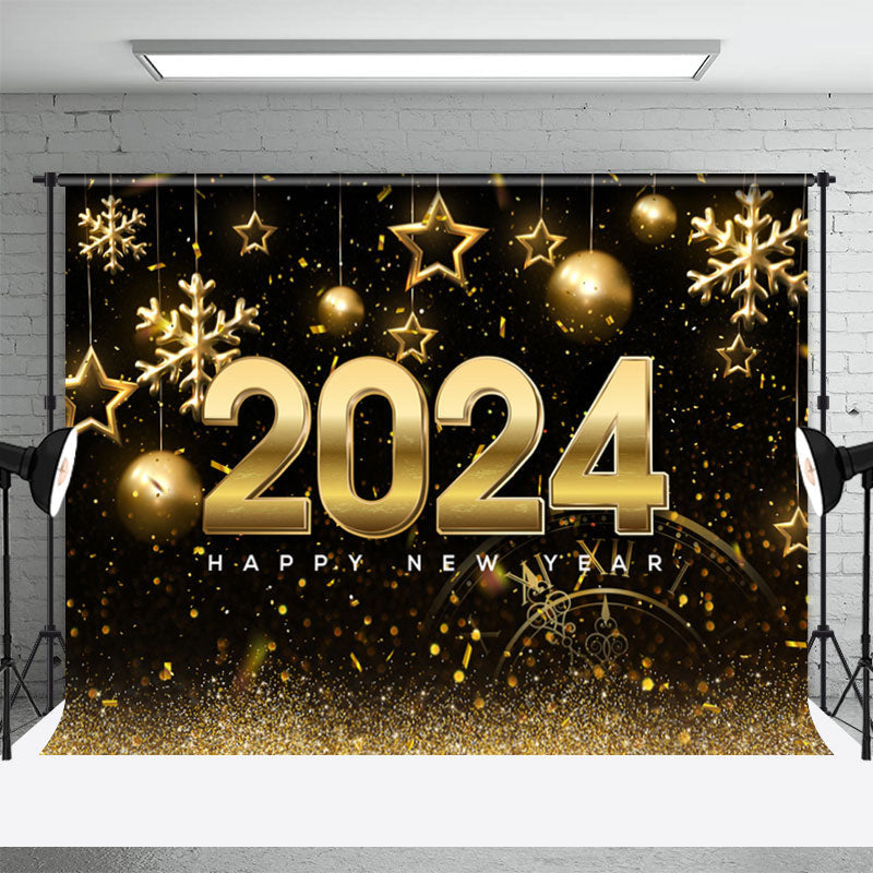 Aperturee - Black Gold Snow Star 2024 Happy New Year Backdrop