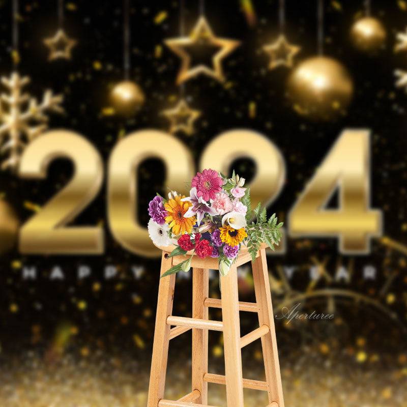 Aperturee - Black Gold Snow Star 2024 Happy New Year Backdrop