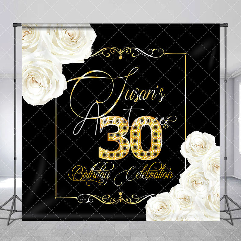 Aperturee - Black Gold White Rose Custom 30th Birthday Backdrop