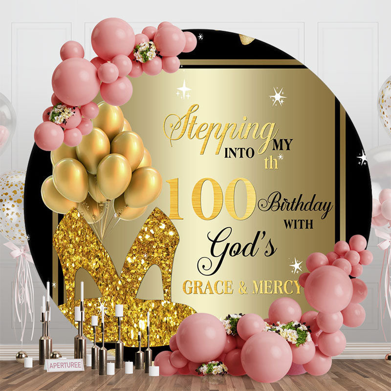 Aperturee - Black Golden Balloon Round 100th Birthday Backdrop