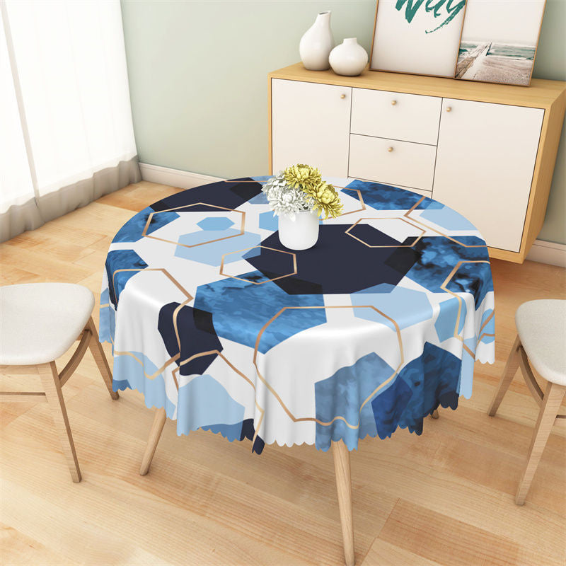 Aperturee - Black Golden Blue Hexagons Pattern Round Tablecloth