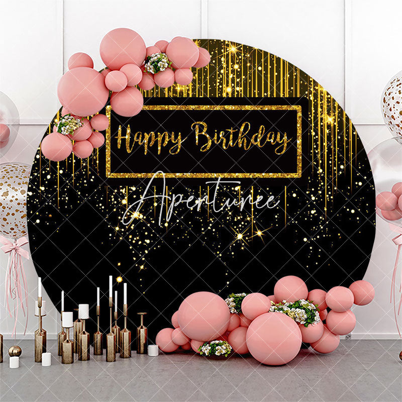 Aperturee Black Golden Glitter Circle Happy Birthday Backdrop