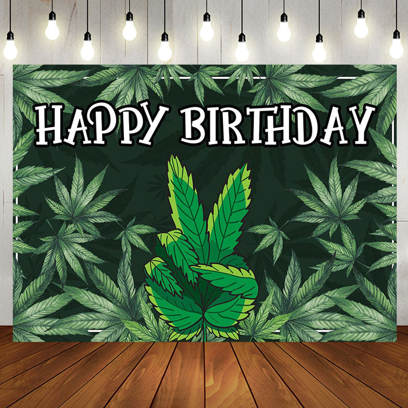 Aperturee - Black Green Cannabis Leaves Happy Birthday Backdrop