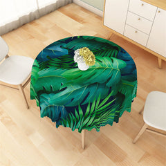 Aperturee - Black Green Fresh Jungle Leaf Print Round Tablecloth